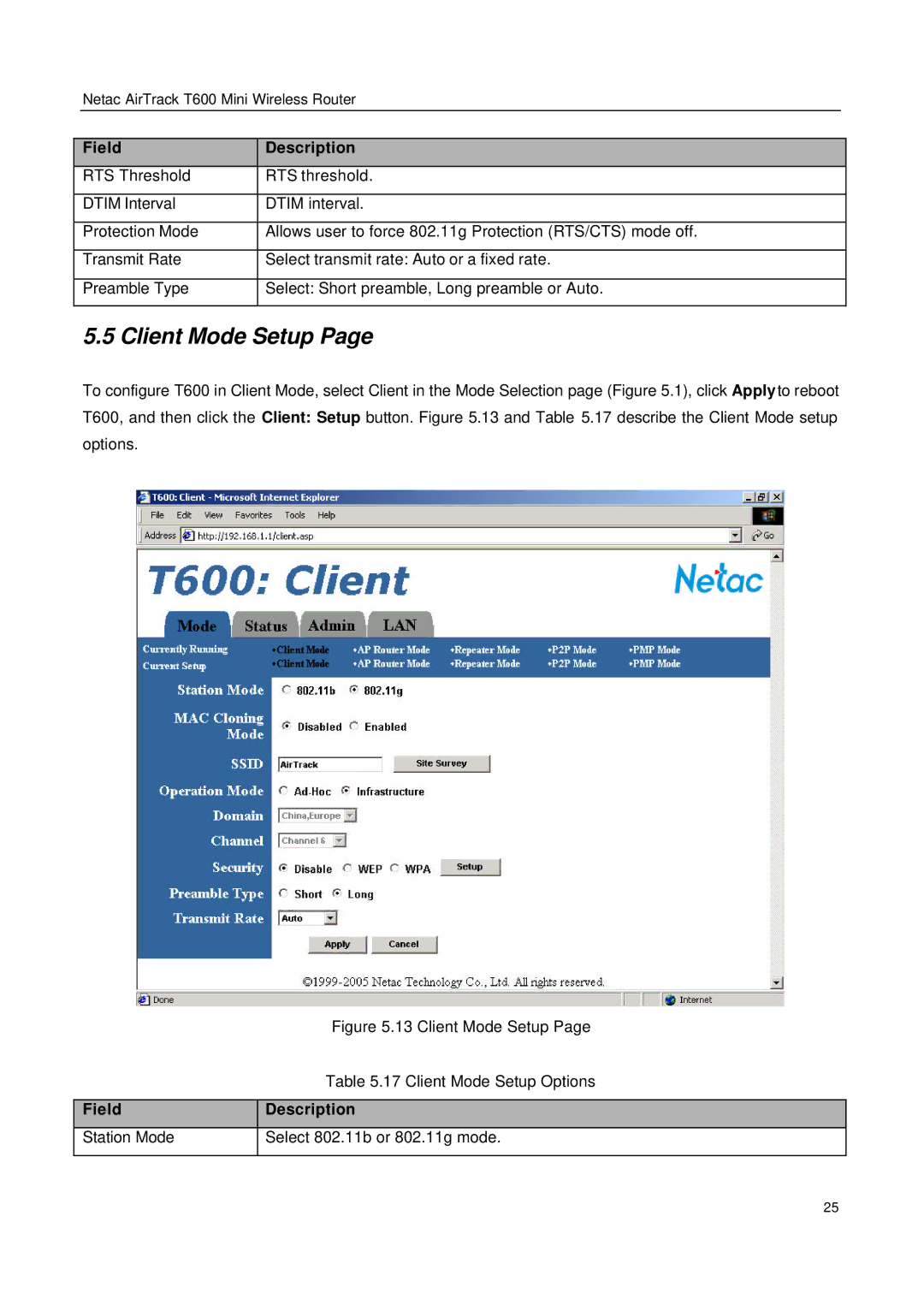 Netac Tech T600 manual Client Mode Setup, Station Mode Select 802.11b or 802.11g mode 