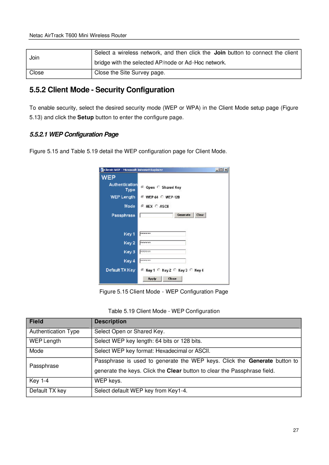 Netac Tech T600 manual Client Mode Security Configuration, and .19 detail the WEP configuration page for Client Mode 