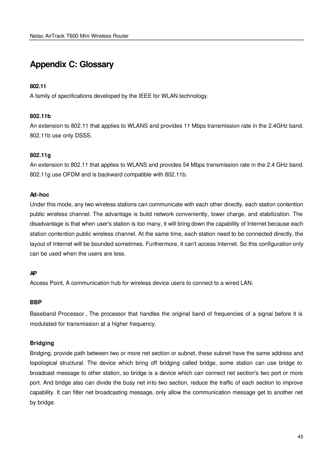 Netac Tech T600 manual Appendix C Glossary, 802.11b 