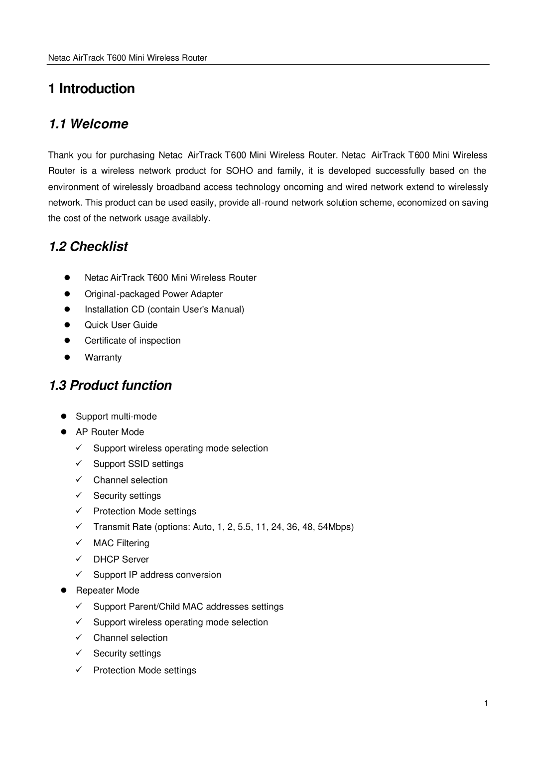 Netac Tech T600 manual Introduction, Welcome, Checklist, Product function 