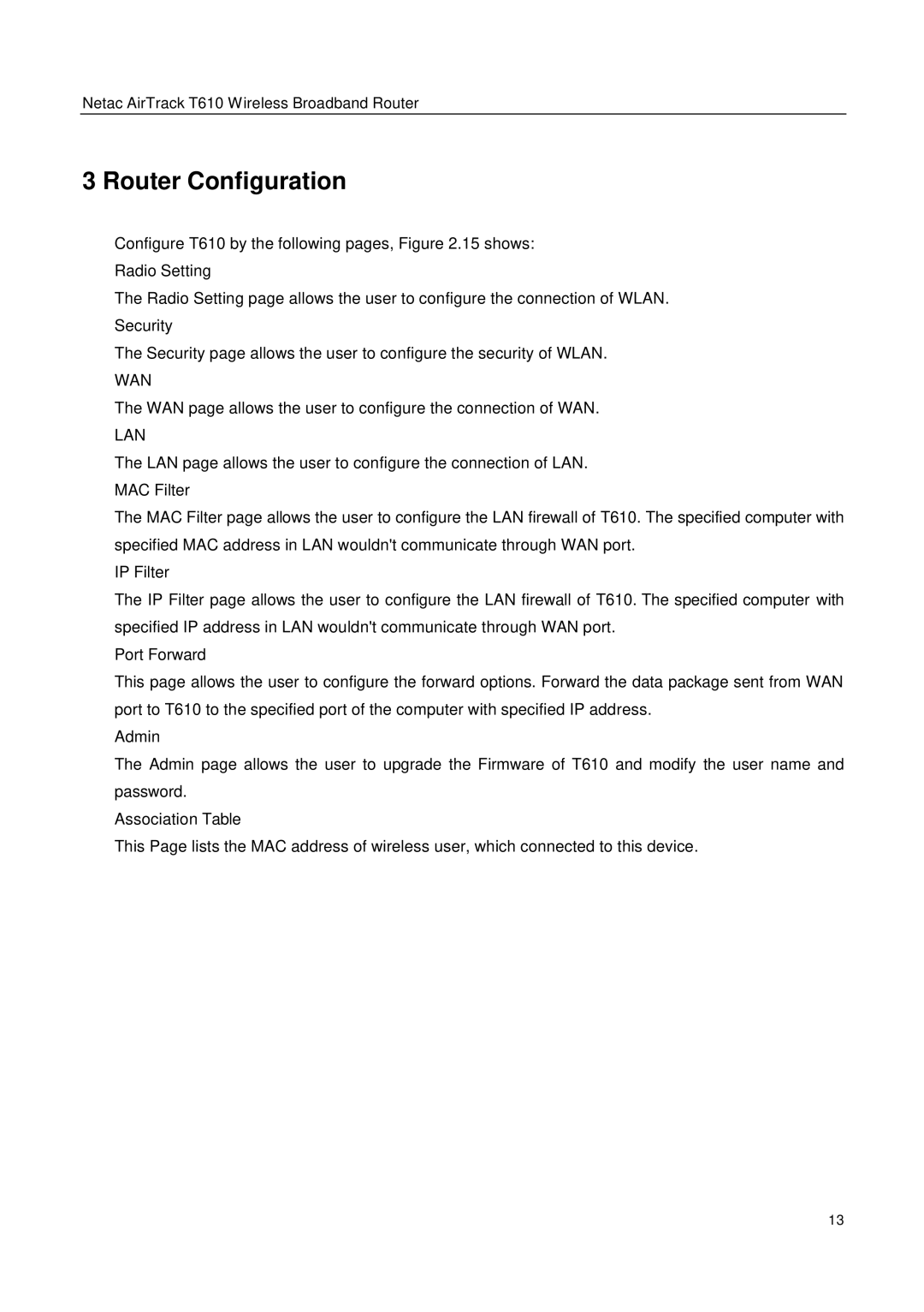 Netac Tech T610 user manual Router Configuration, Lan 