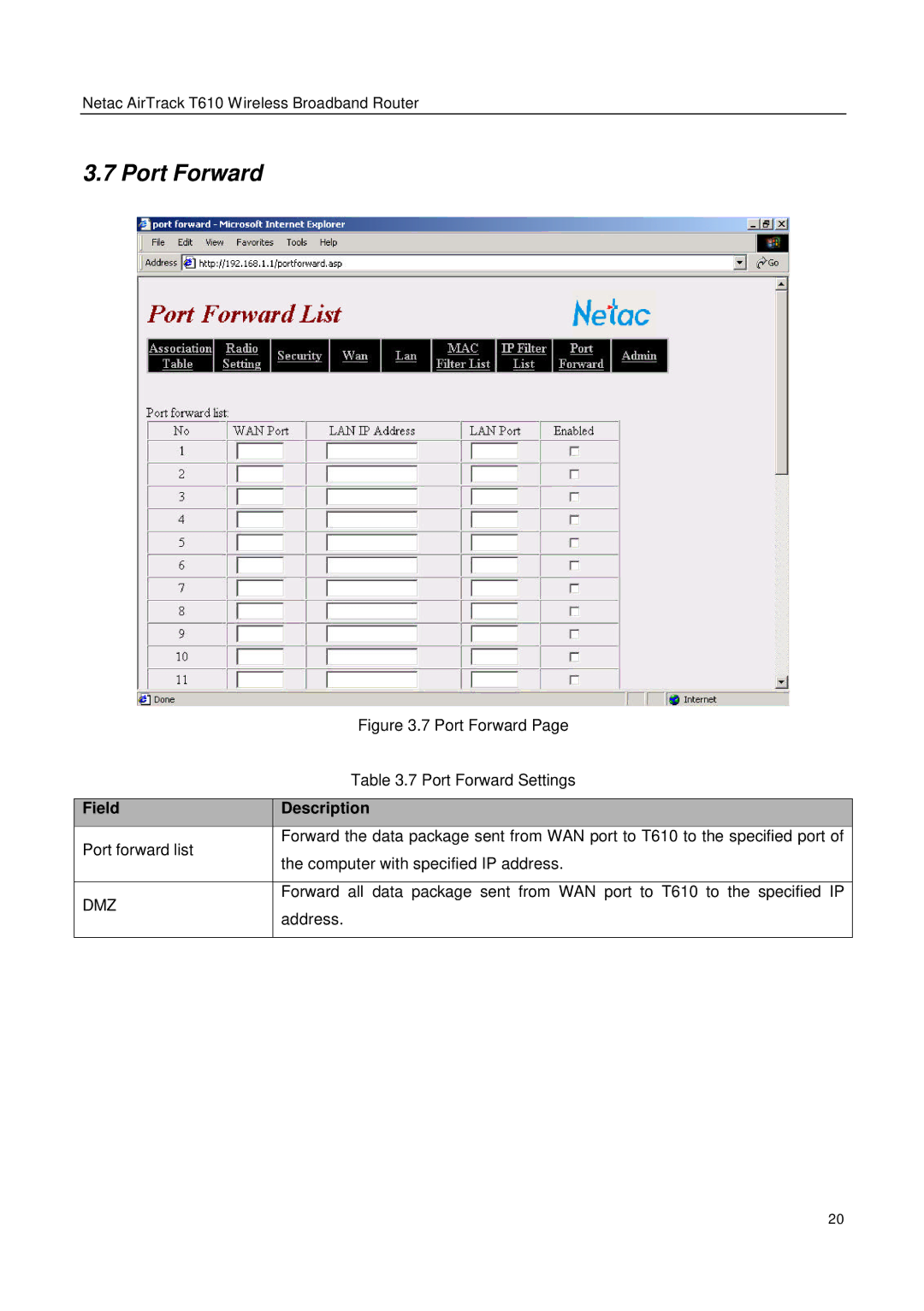 Netac Tech T610 user manual Port Forward, Dmz 