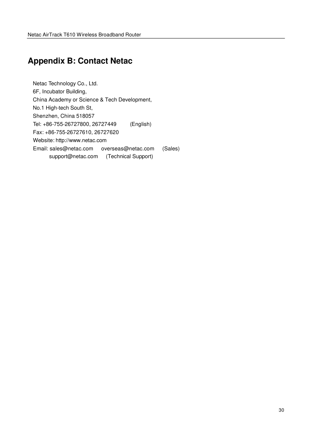 Netac Tech T610 user manual Appendix B Contact Netac 