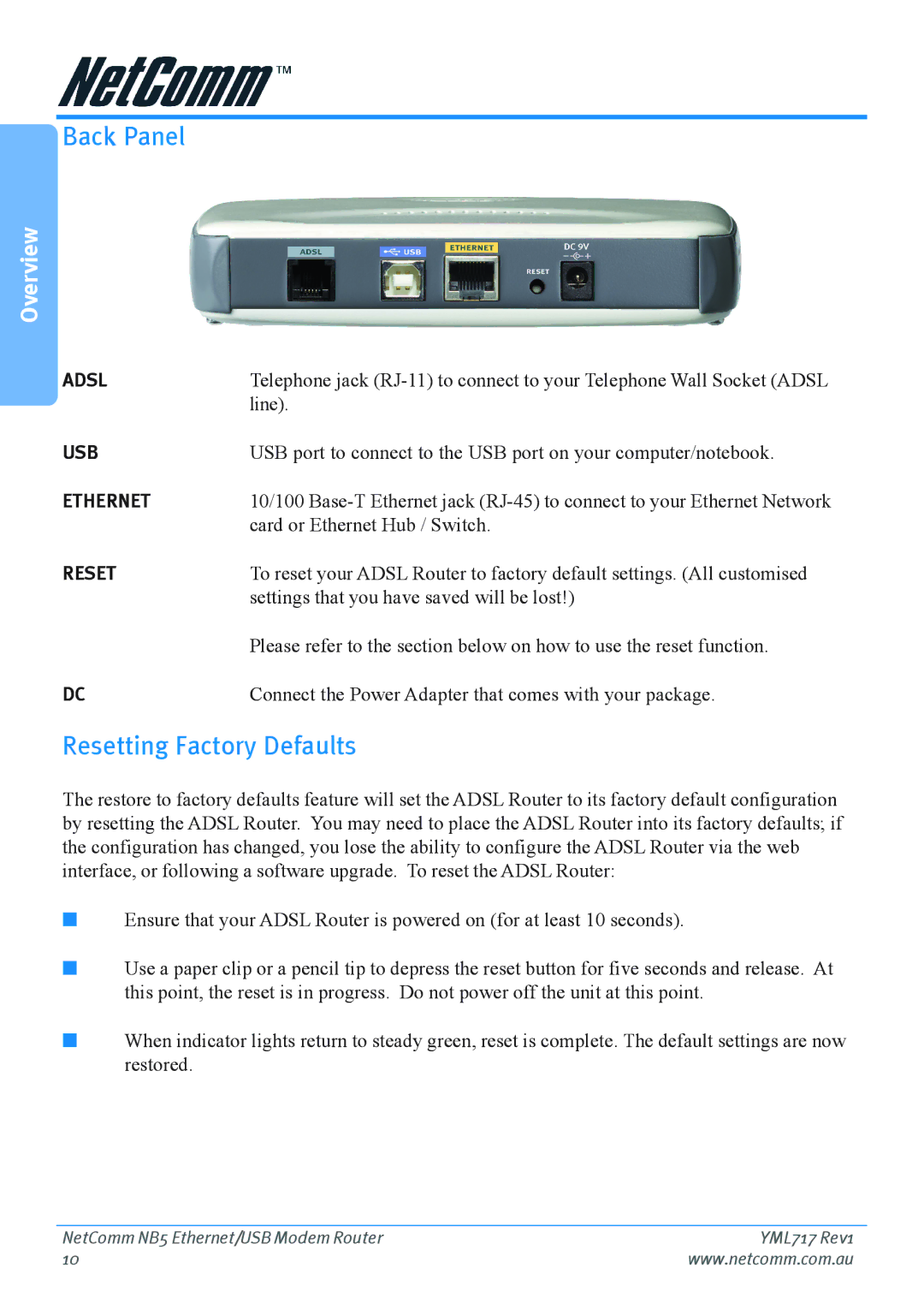 Netcom NB5 manual Back Panel, Resetting Factory Defaults 