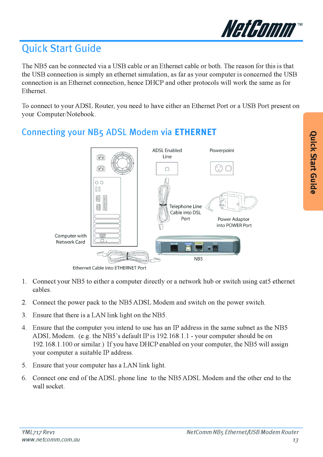 Netcom manual Quick Start Guide, Connecting your NB5 Adsl Modem via Ethernet 