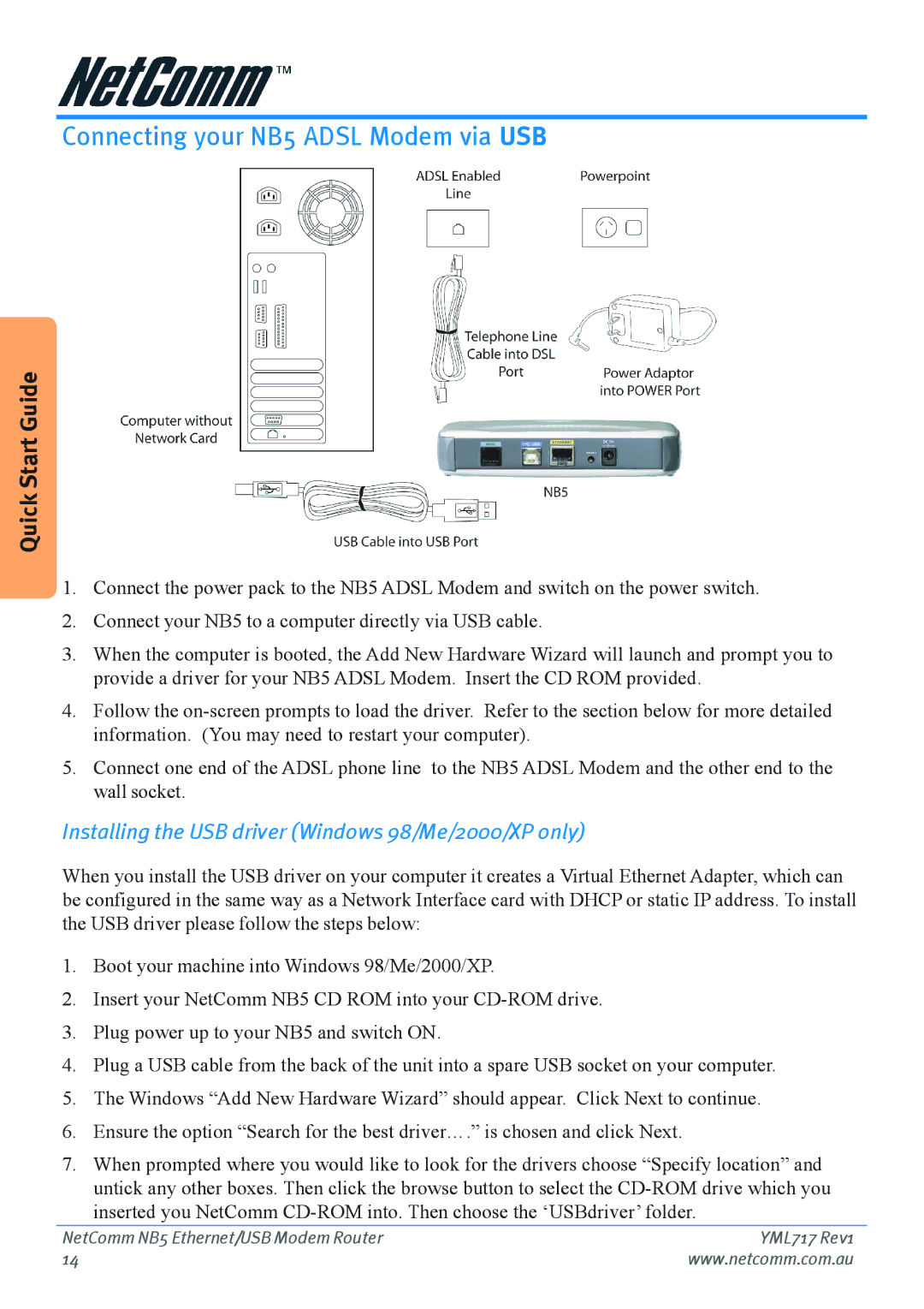 Netcom manual Connecting your NB5 Adsl Modem via USB, Installing the USB driver Windows 98/Me/2000/XP only 