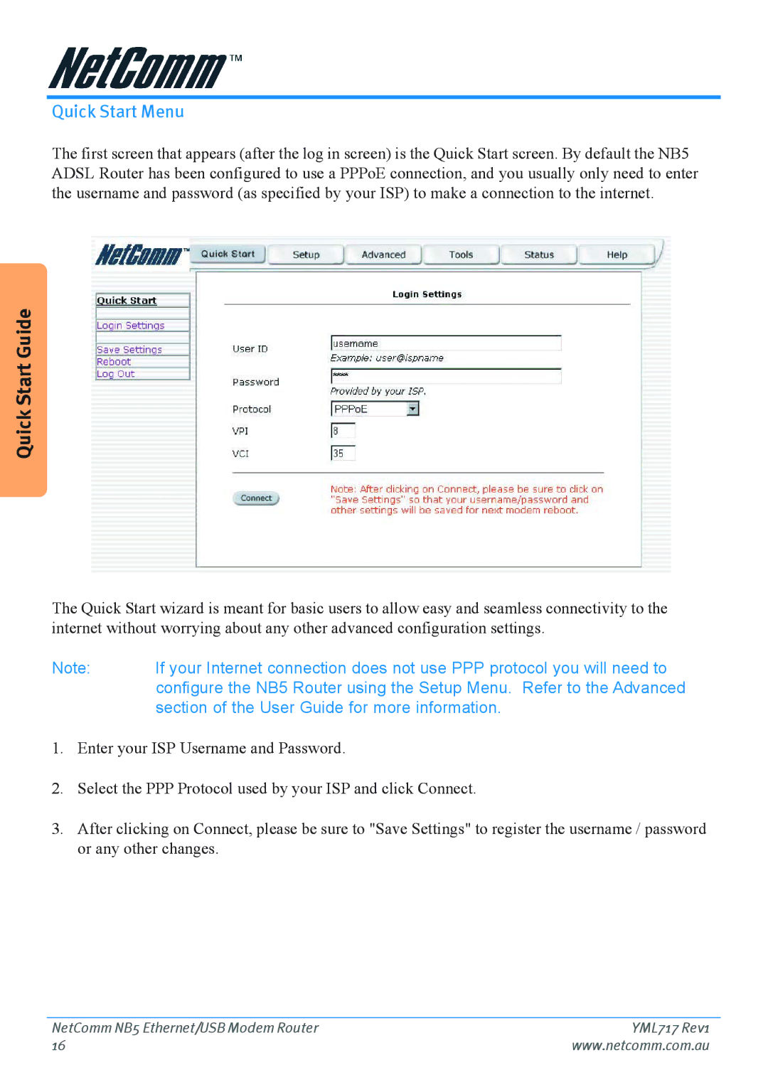 Netcom NB5 manual Quick Start Menu, Section of the User Guide for more information 