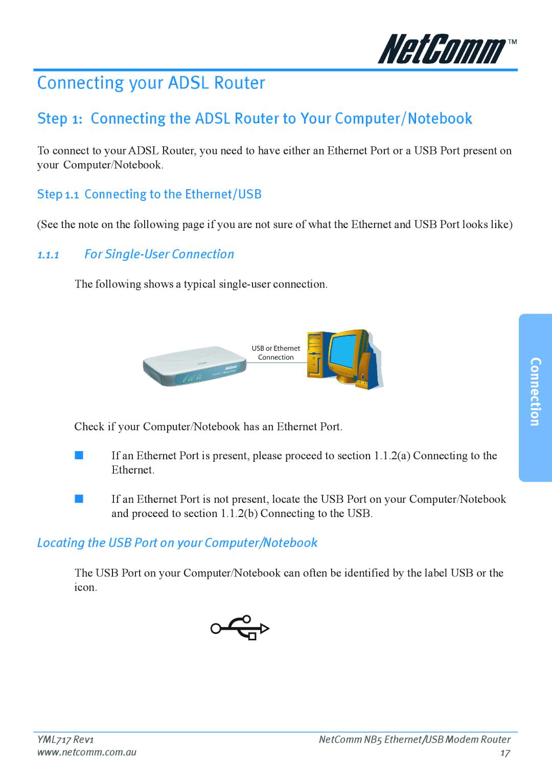 Netcom NB5 Connecting your Adsl Router, Connecting the Adsl Router to Your Computer/Notebook, For Single-User Connection 