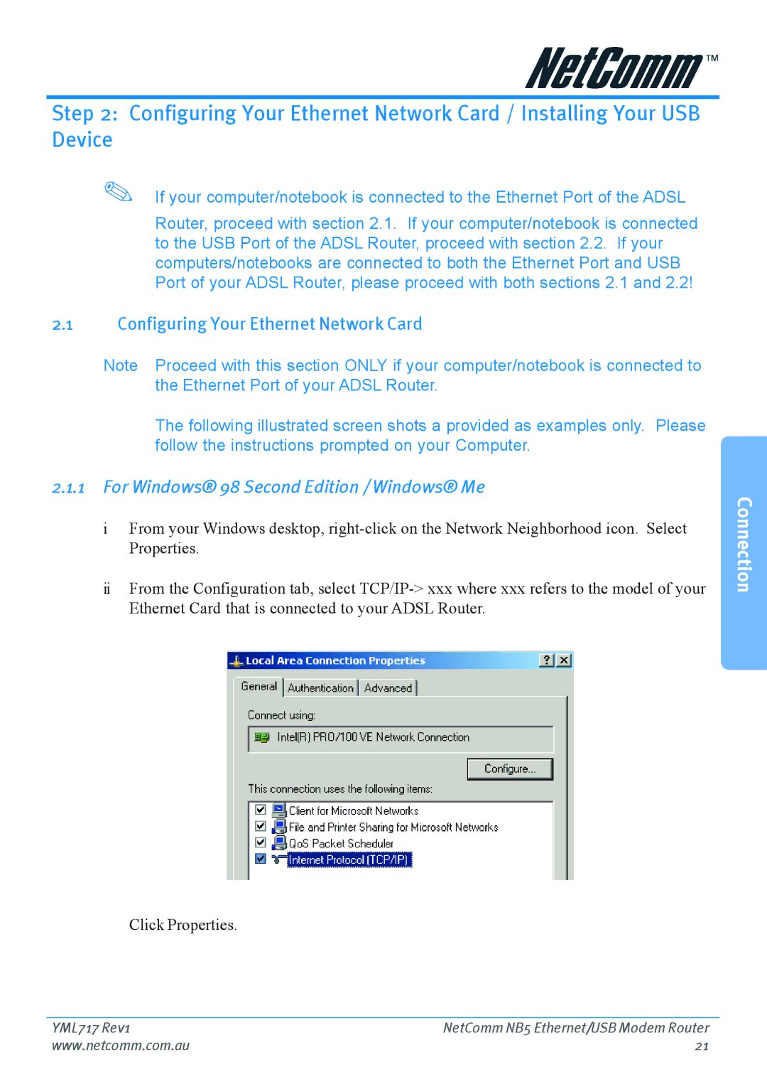 Netcom NB5 manual Configuring Your Ethernet Network Card, For Windows 98 Second Edition / Windows Me 