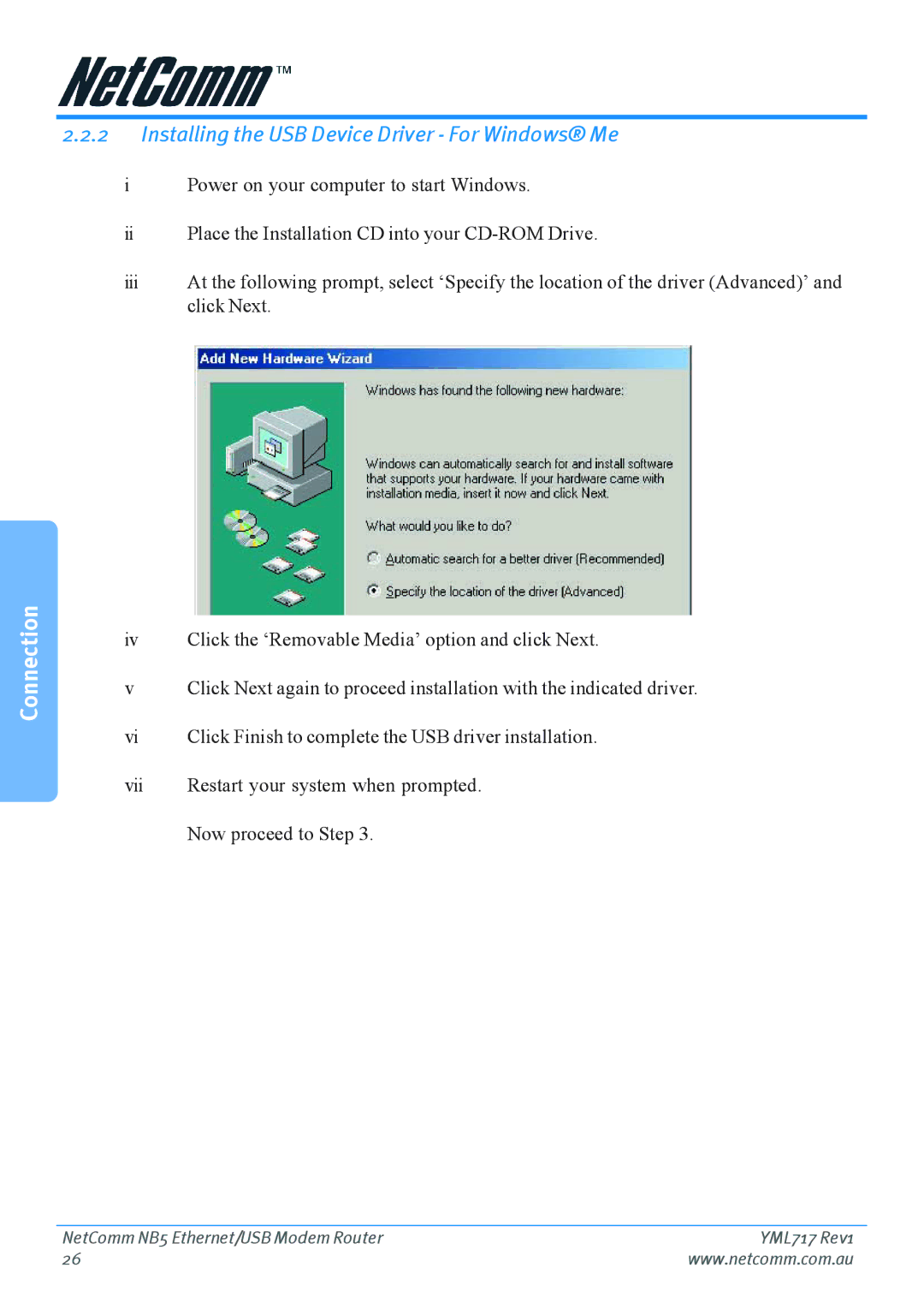 Netcom NB5 manual Installing the USB Device Driver For Windows Me 