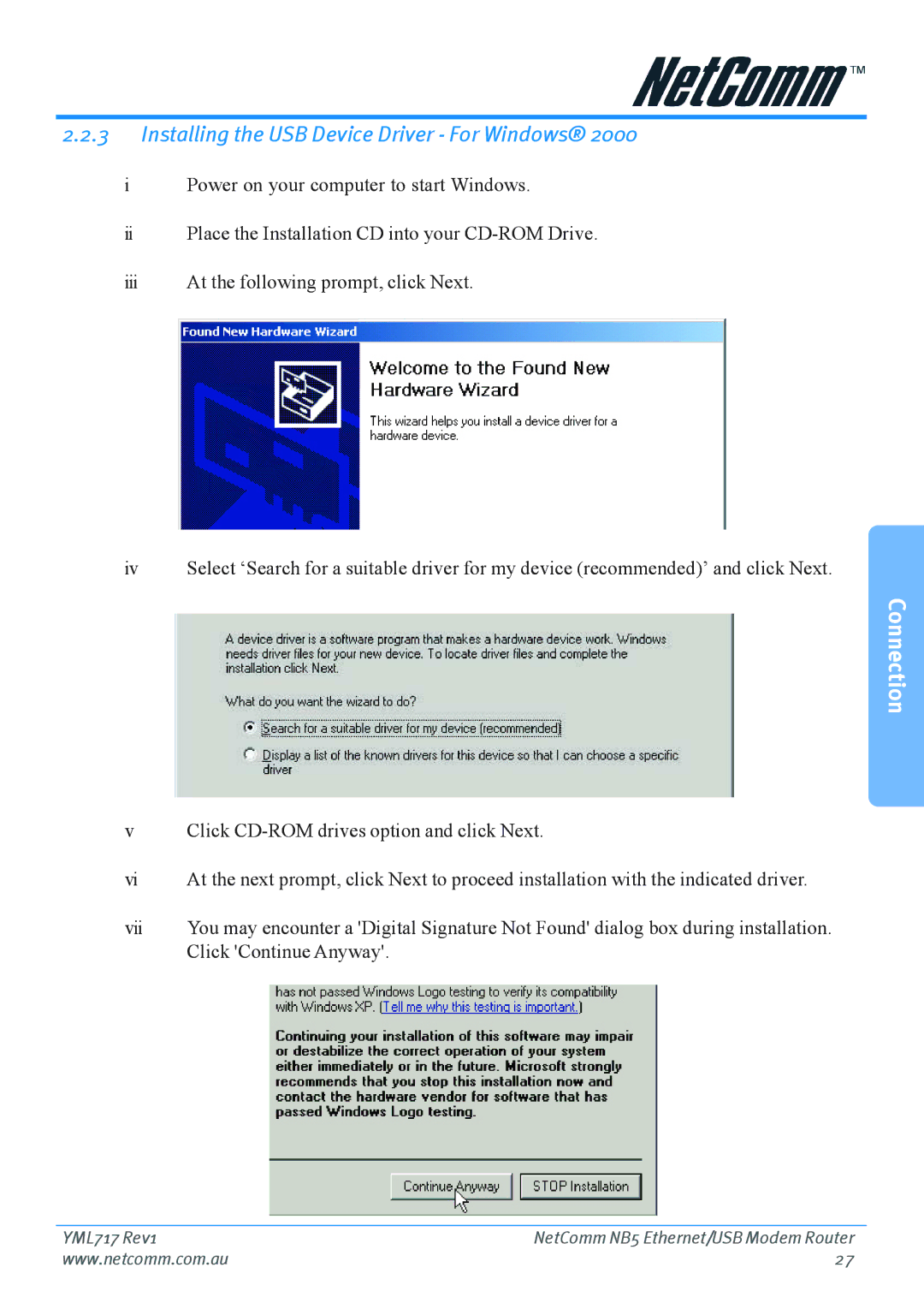 Netcom NB5 manual Installing the USB Device Driver For Windows 