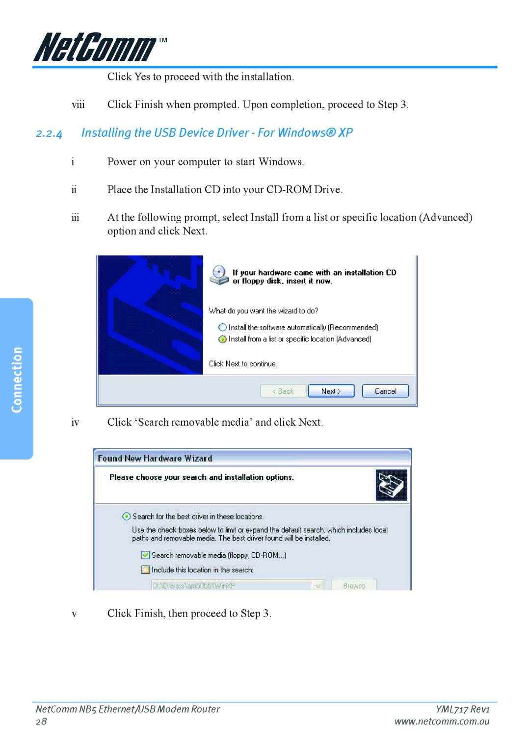 Netcom NB5 manual Installing the USB Device Driver For Windows XP 