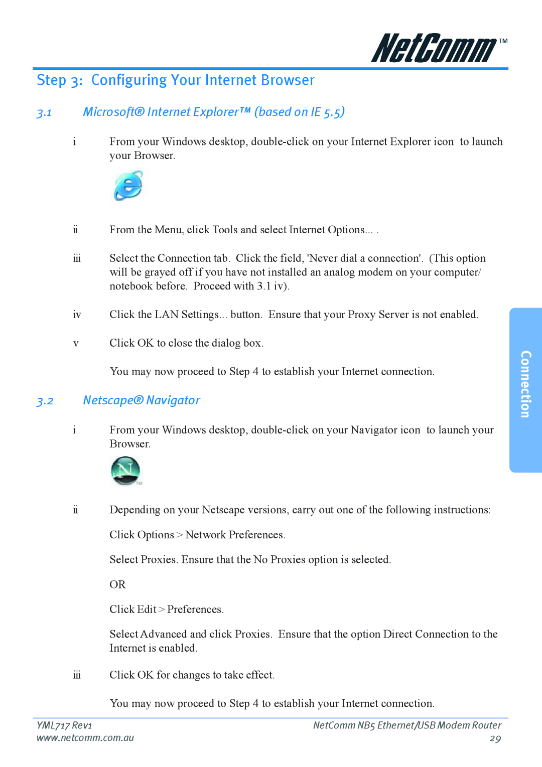 Netcom NB5 manual Configuring Your Internet Browser, Microsoft Internet Explorer based on IE, Netscape Navigator 