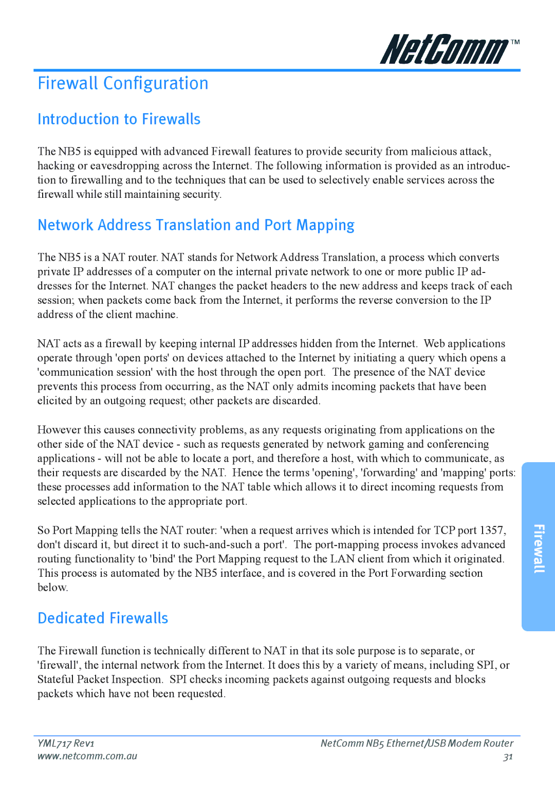 Netcom NB5 manual Firewall Configuration, Introduction to Firewalls, Network Address Translation and Port Mapping 