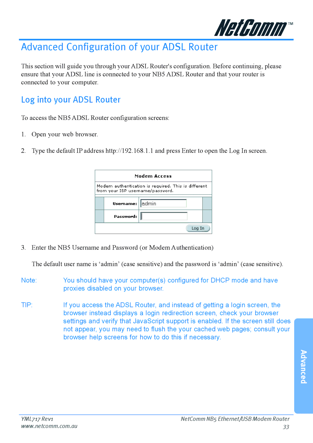 Netcom NB5 manual Advanced Configuration of your Adsl Router, Log into your Adsl Router 