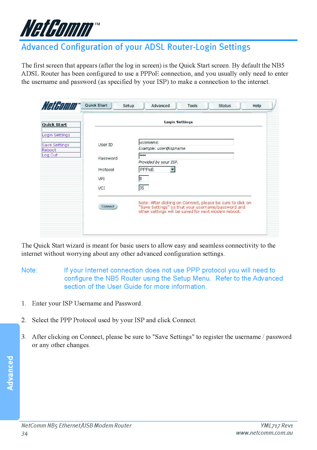 Netcom NB5 manual Advanced Configuration of your Adsl Router-Login Settings 