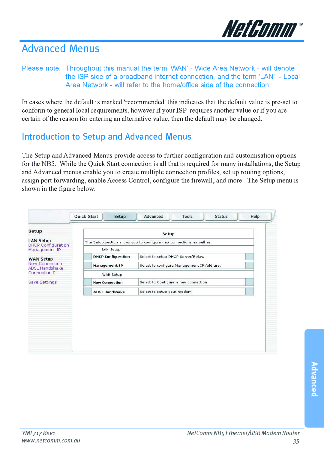 Netcom NB5 manual Introduction to Setup and Advanced Menus 