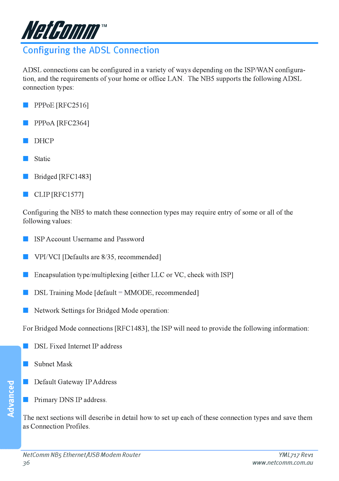 Netcom NB5 manual Configuring the Adsl Connection, Dhcp 