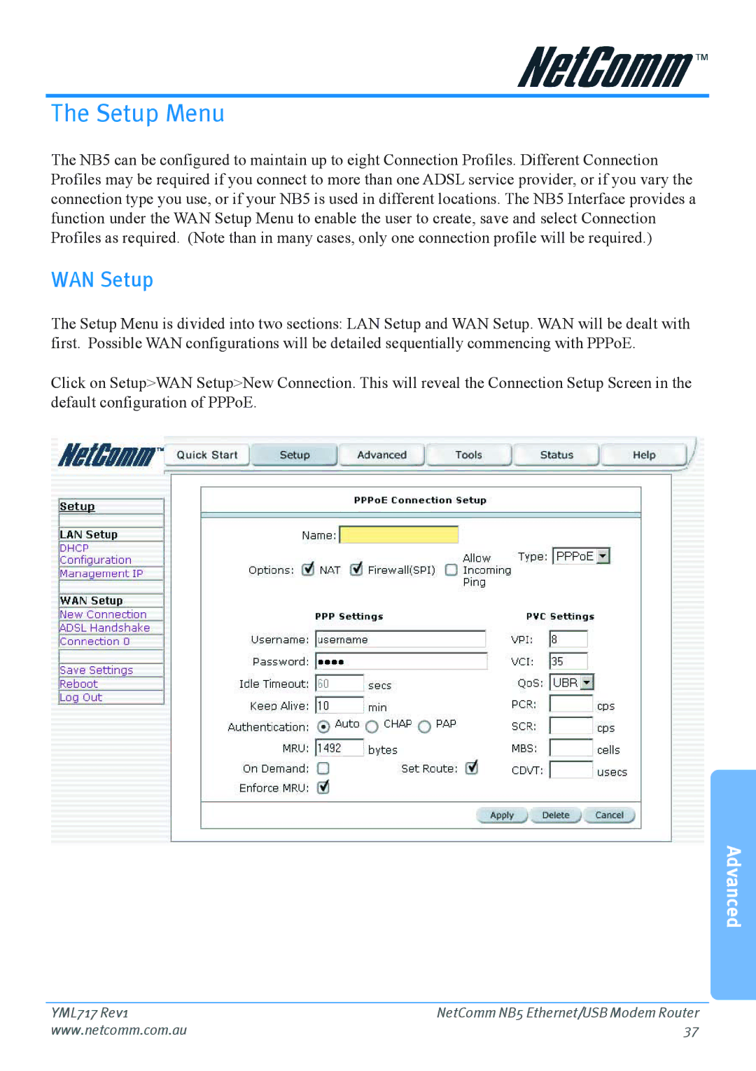 Netcom NB5 manual Setup Menu, WAN Setup 