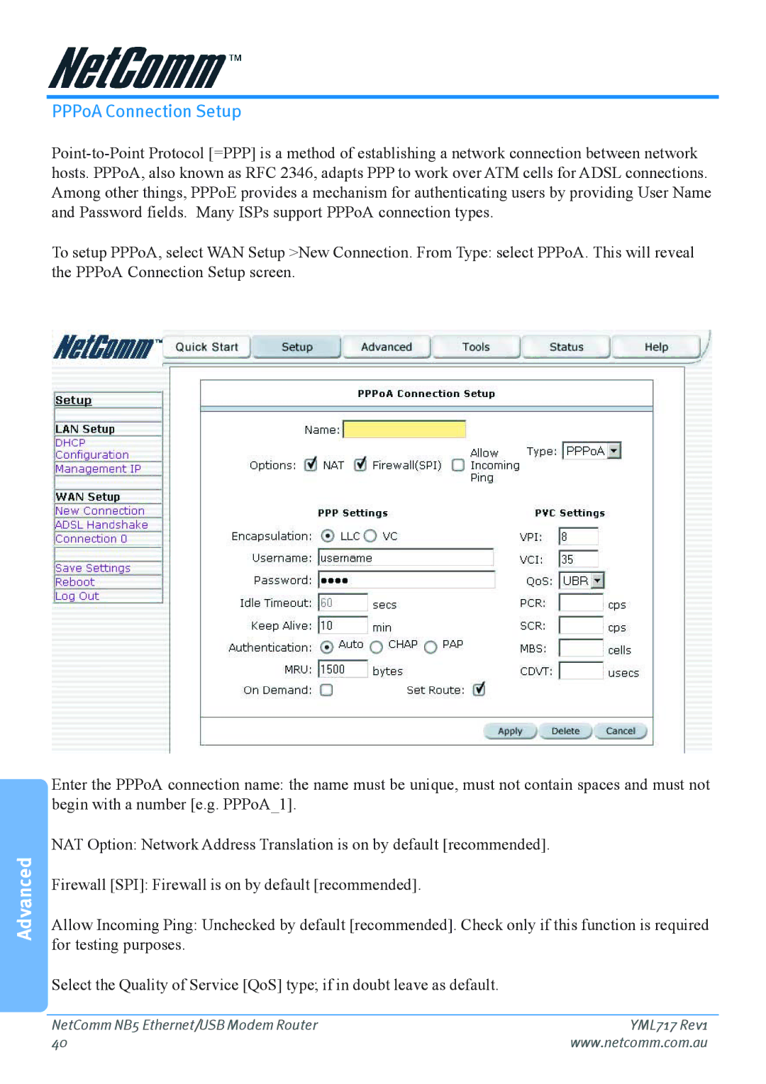 Netcom NB5 manual PPPoA Connection Setup 