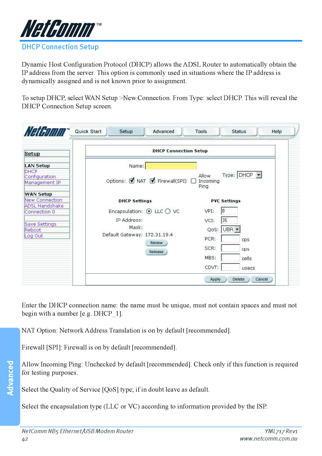 Netcom NB5 manual Dhcp Connection Setup 