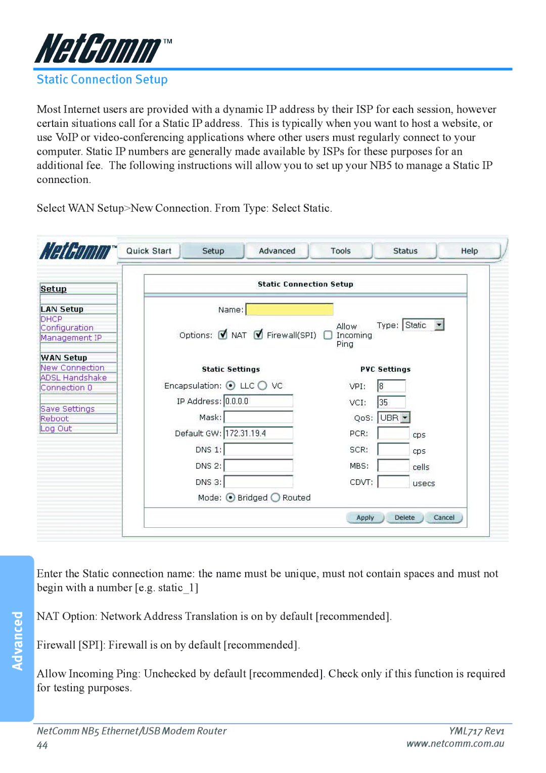 Netcom NB5 manual Static Connection Setup 