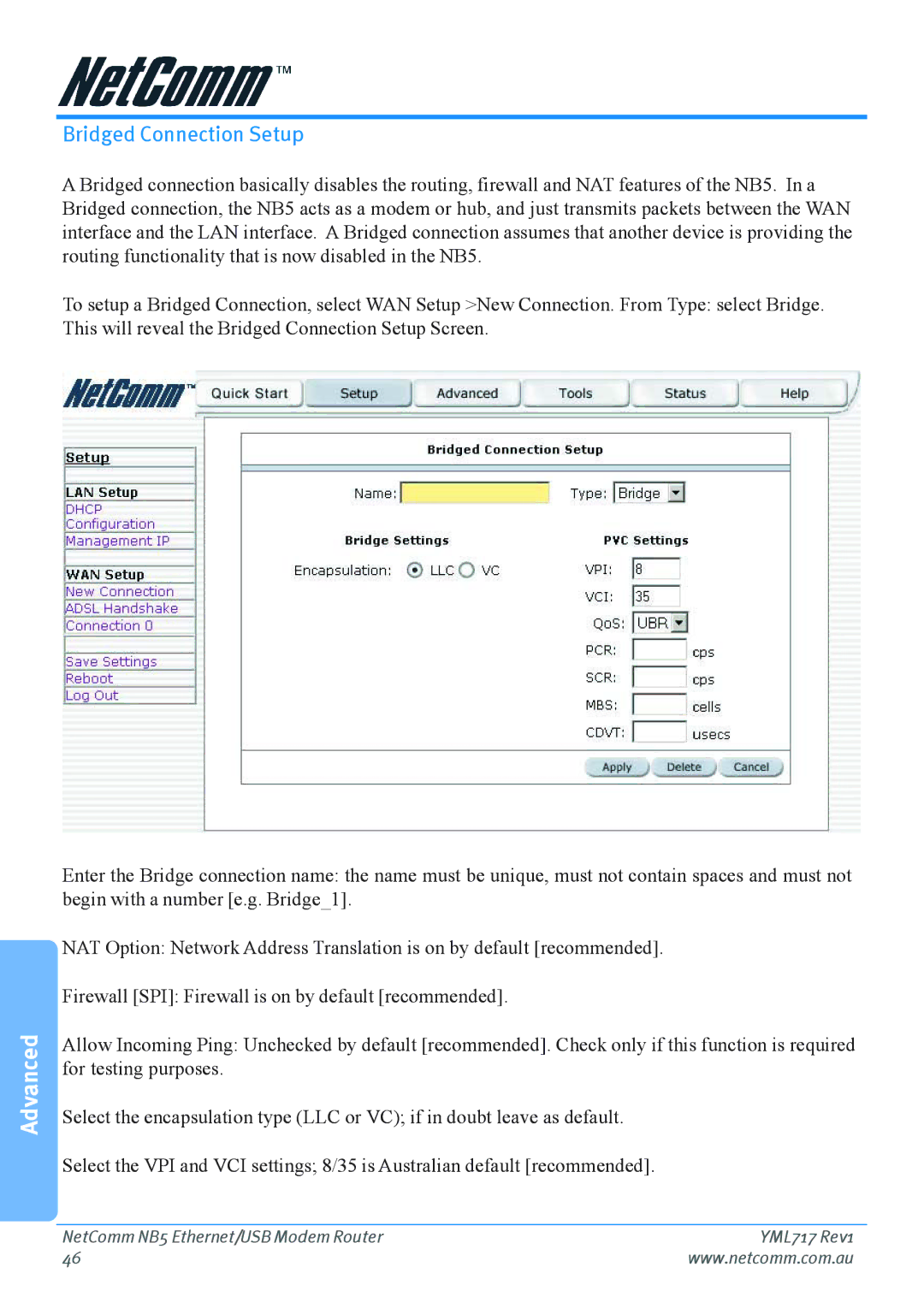 Netcom NB5 manual Bridged Connection Setup 