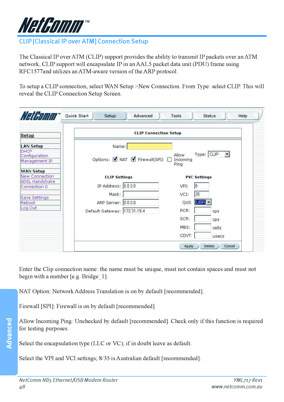 Netcom NB5 manual Clip Classical IP over ATM Connection Setup 