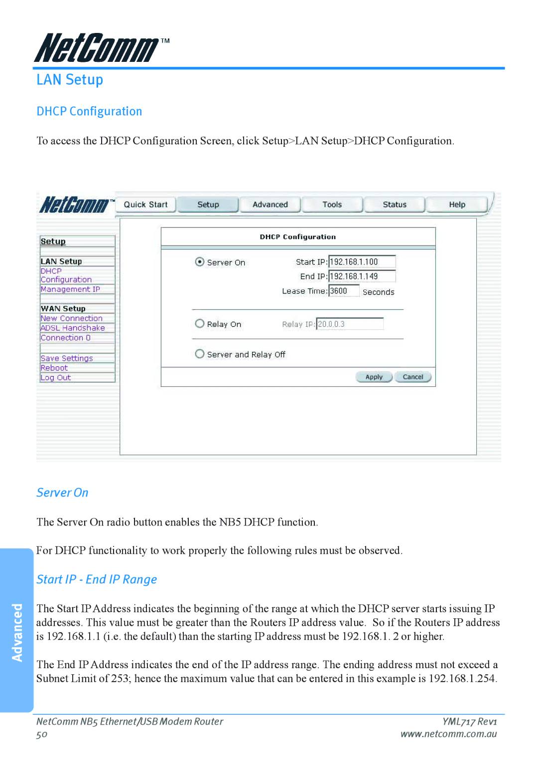 Netcom NB5 manual LAN Setup, Dhcp Configuration, Server On, Start IP End IP Range 