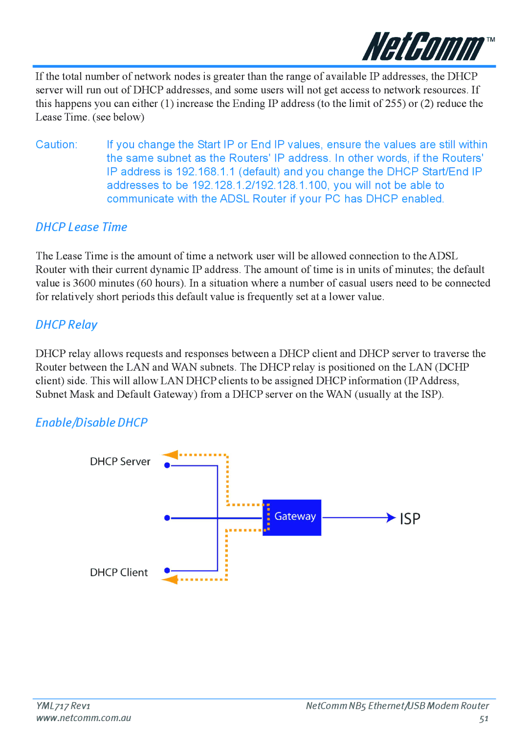 Netcom NB5 manual Dhcp Lease Time, Dhcp Relay, Enable/Disable Dhcp 