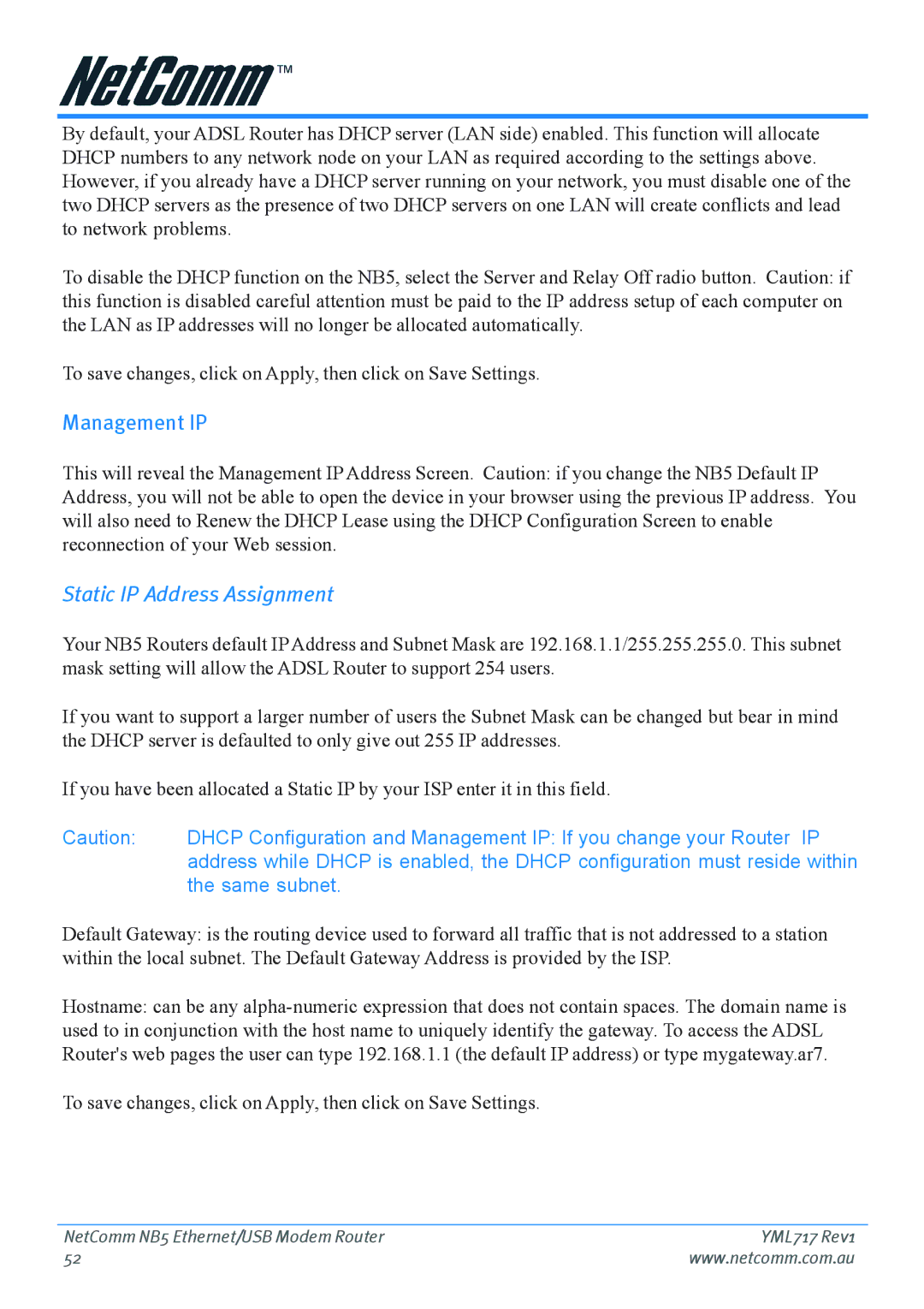 Netcom NB5 manual Management IP, Static IP Address Assignment 