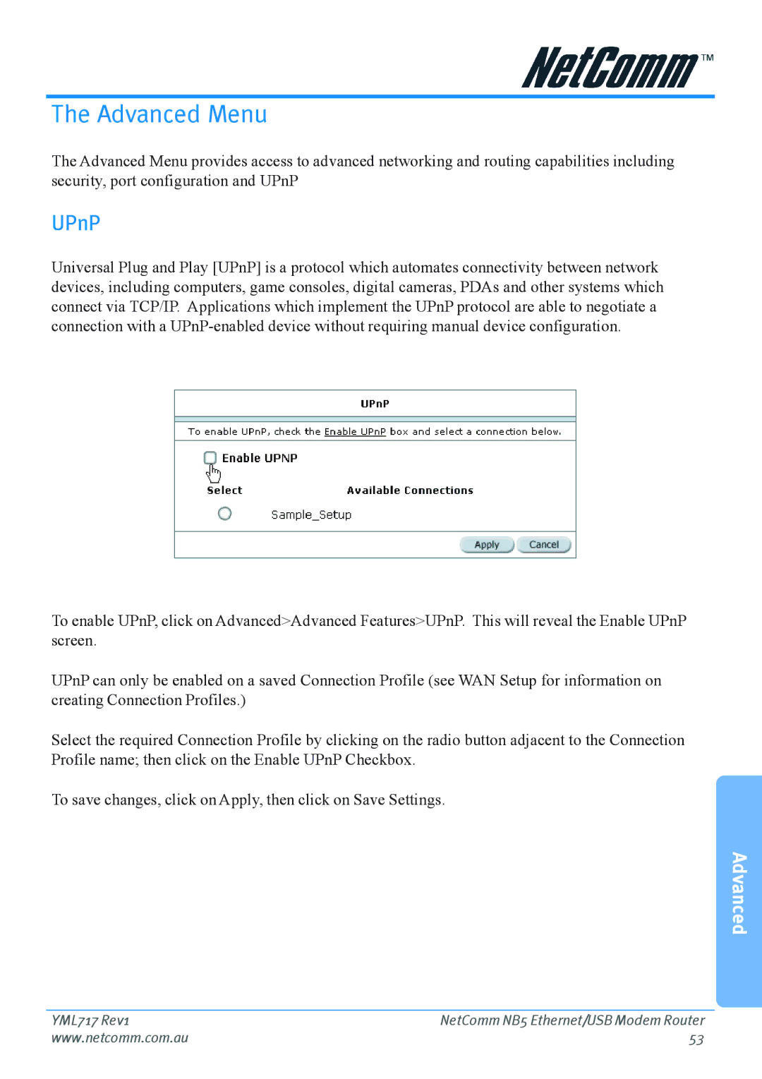 Netcom NB5 manual Advanced Menu, UPnP 