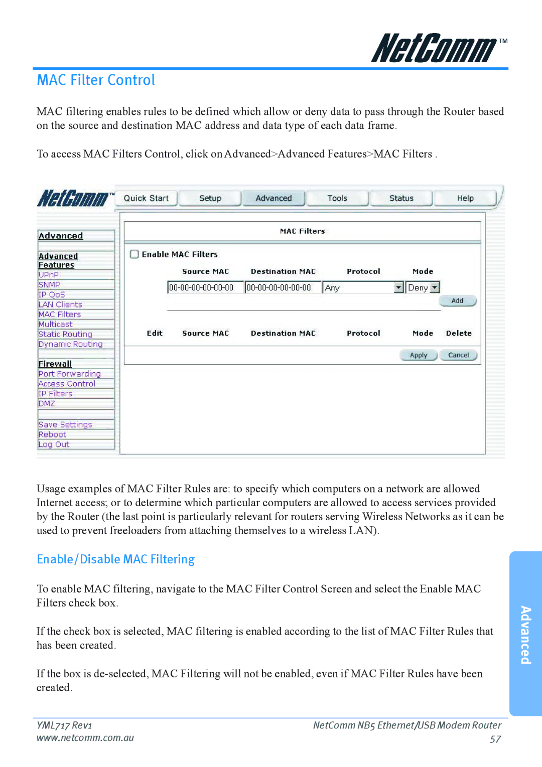 Netcom NB5 manual MAC Filter Control, Enable/Disable MAC Filtering 