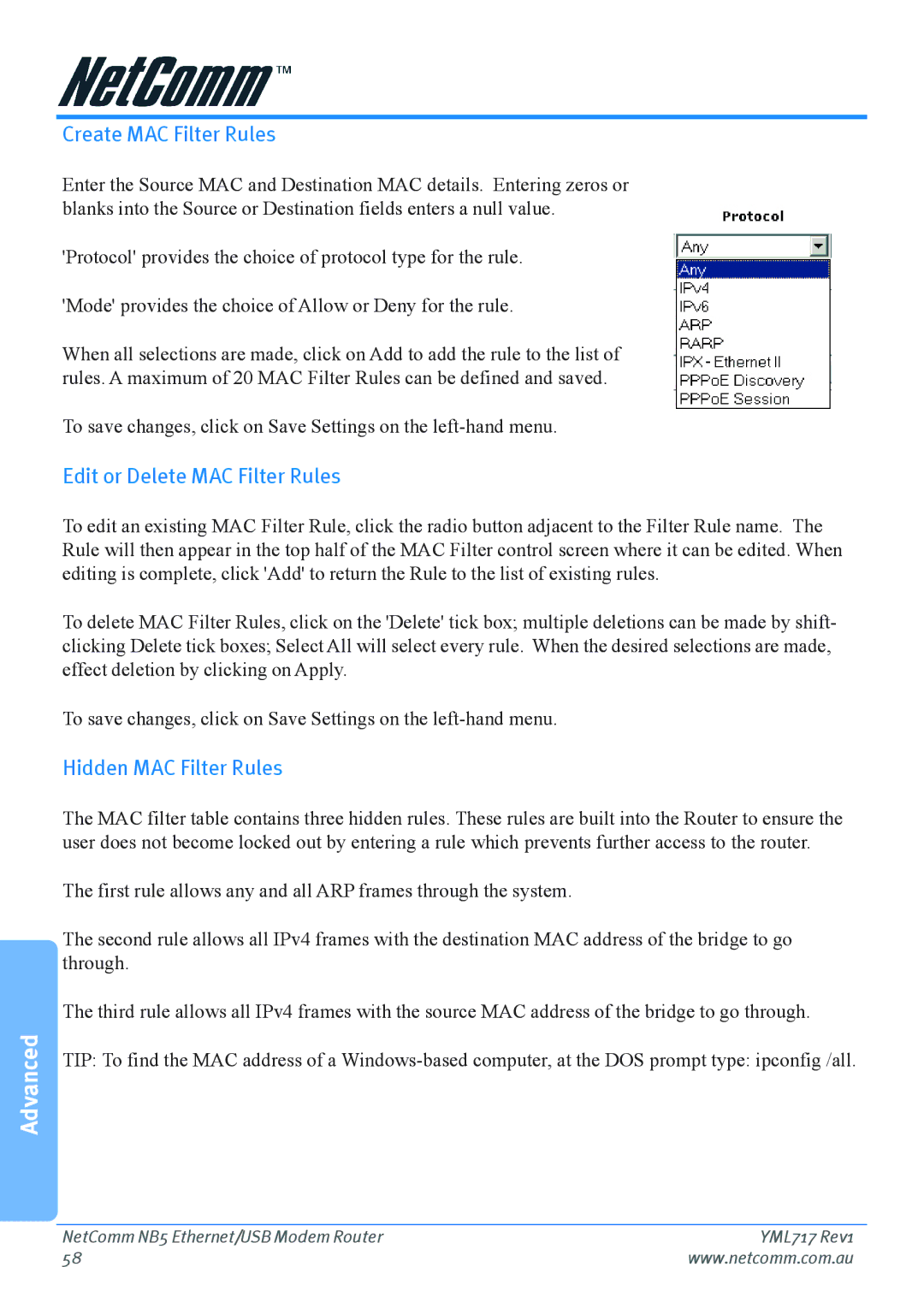 Netcom NB5 manual Create MAC Filter Rules, Edit or Delete MAC Filter Rules, Hidden MAC Filter Rules 