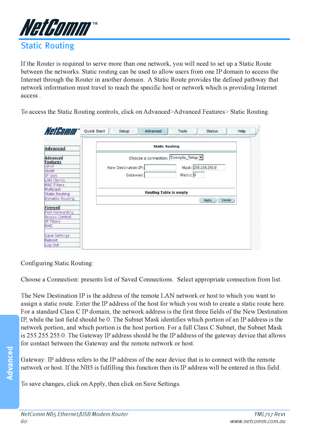 Netcom NB5 manual Static Routing 