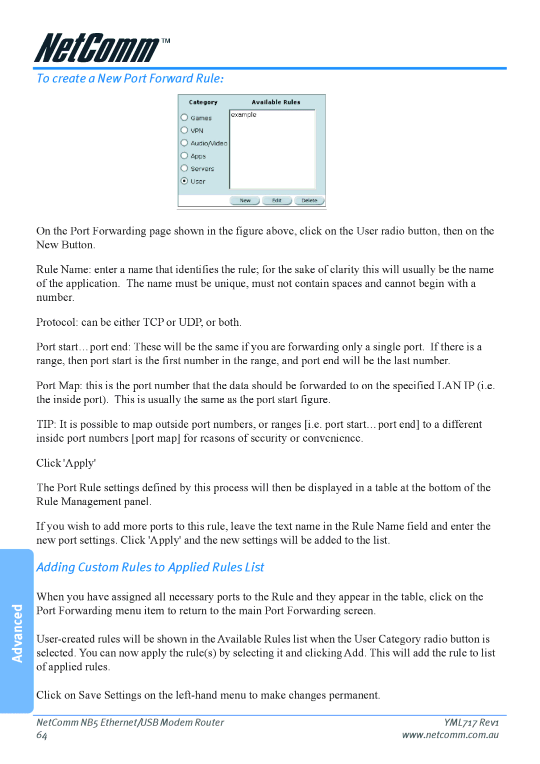 Netcom NB5 manual To create a New Port Forward Rule, Adding Custom Rules to Applied Rules List 