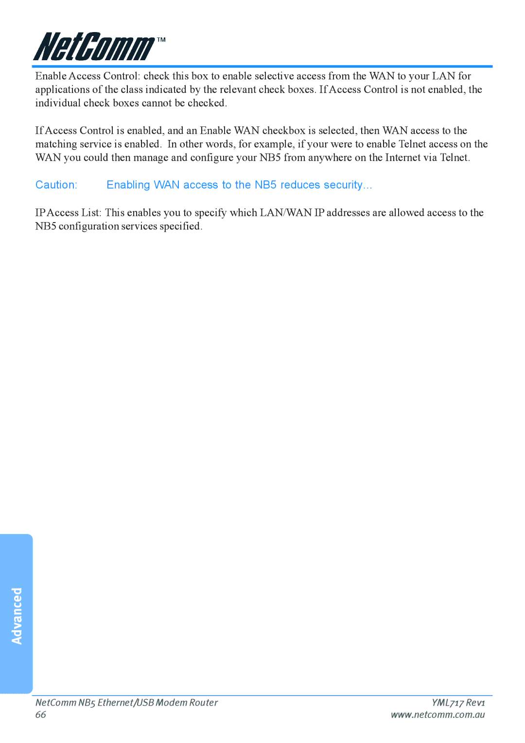 Netcom manual Enabling WAN access to the NB5 reduces security… 