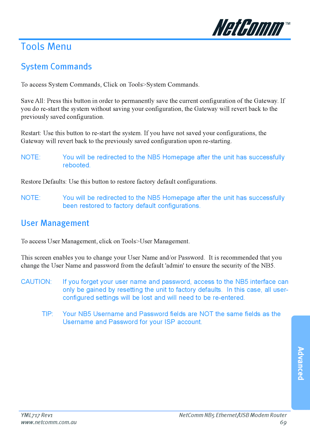 Netcom NB5 manual Tools Menu, System Commands, User Management 