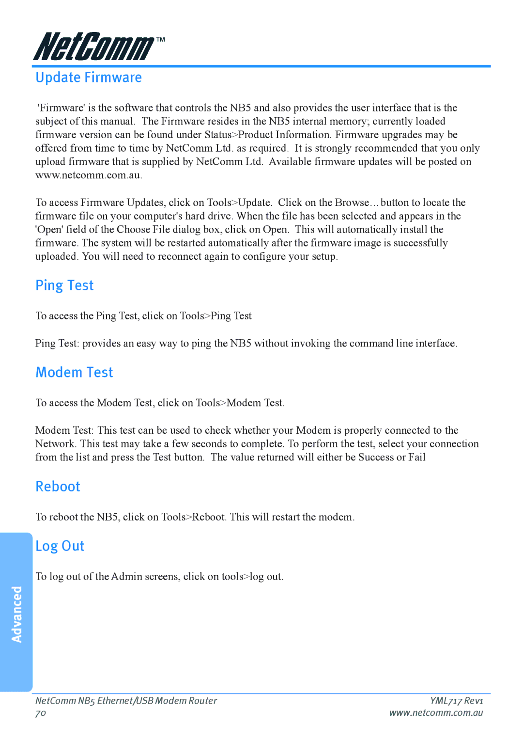 Netcom NB5 manual Update Firmware, Ping Test, Modem Test, Reboot, Log Out 