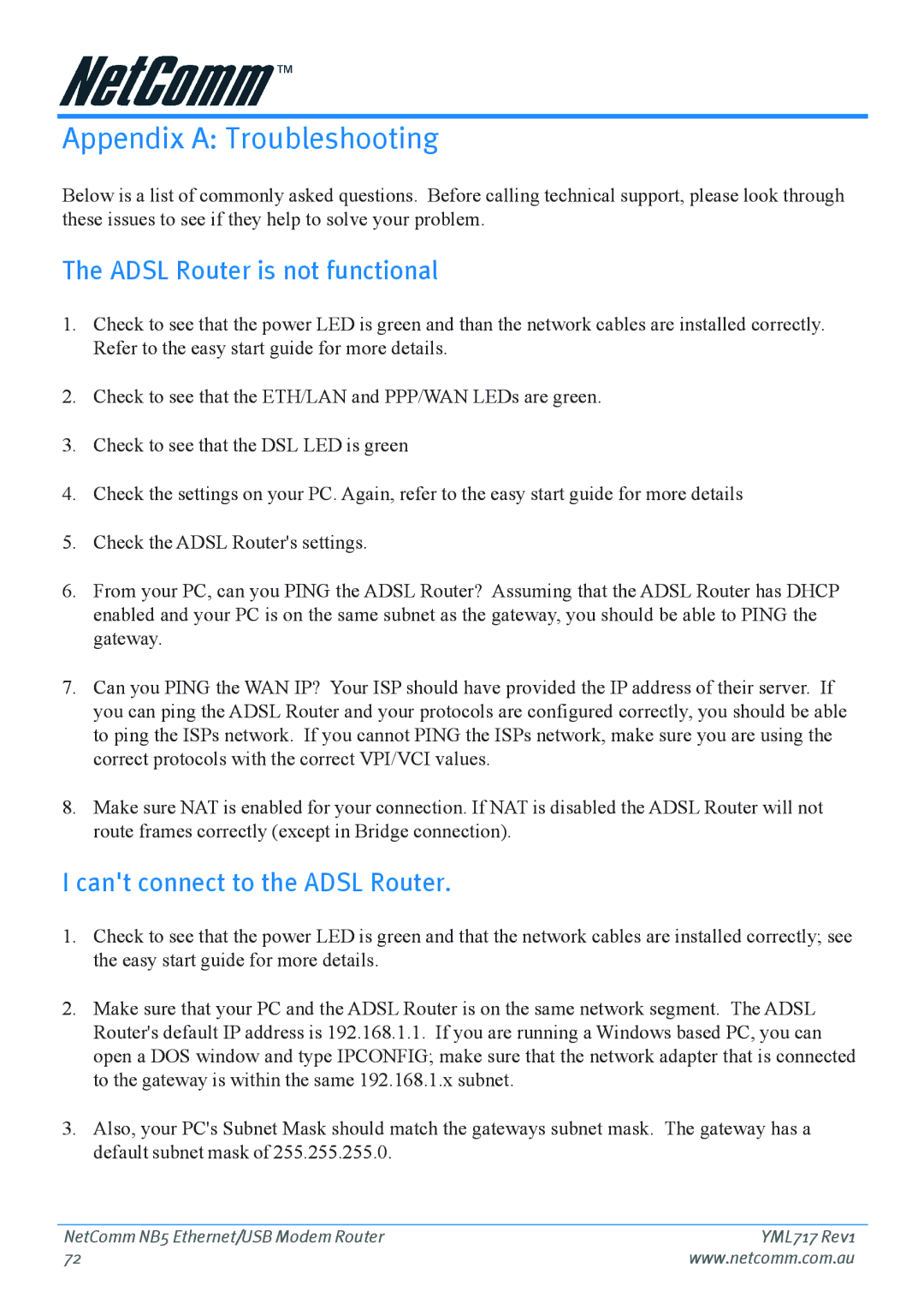 Netcom NB5 manual Appendix a Troubleshooting, Adsl Router is not functional, Cant connect to the Adsl Router 