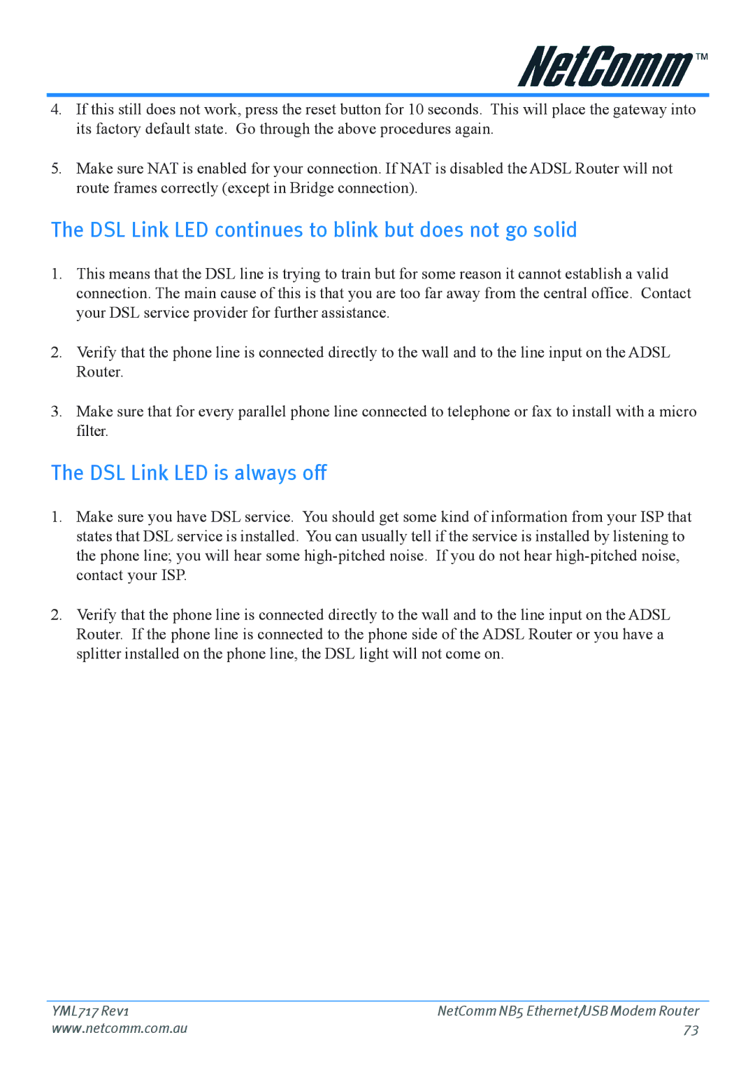 Netcom NB5 manual DSL Link LED continues to blink but does not go solid, DSL Link LED is always off 