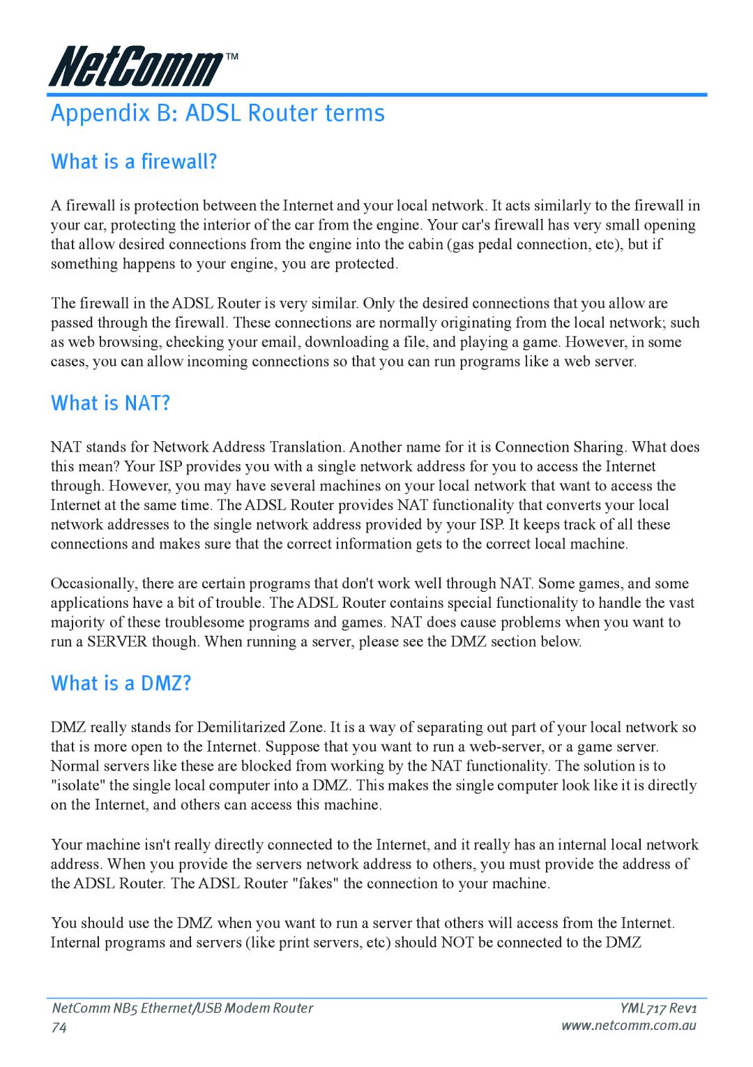 Netcom NB5 manual Appendix B Adsl Router terms, What is a firewall?, What is NAT?, What is a DMZ? 