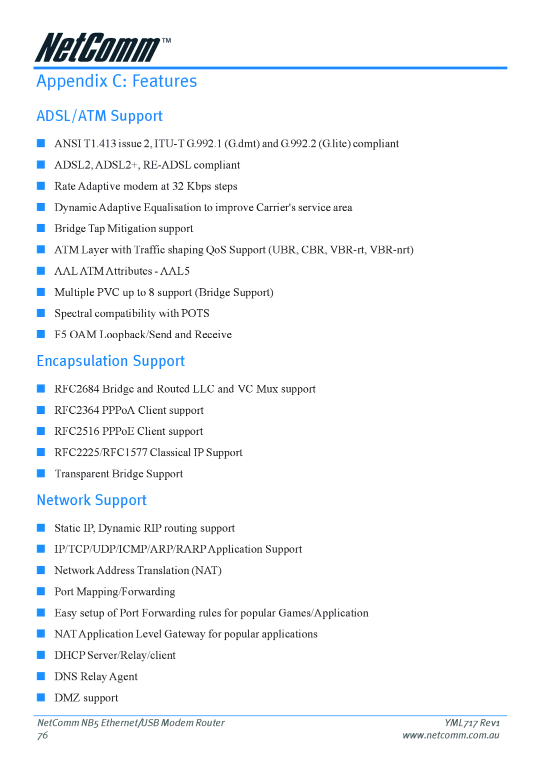 Netcom NB5 manual Appendix C Features, ADSL/ATM Support, Encapsulation Support, Network Support 