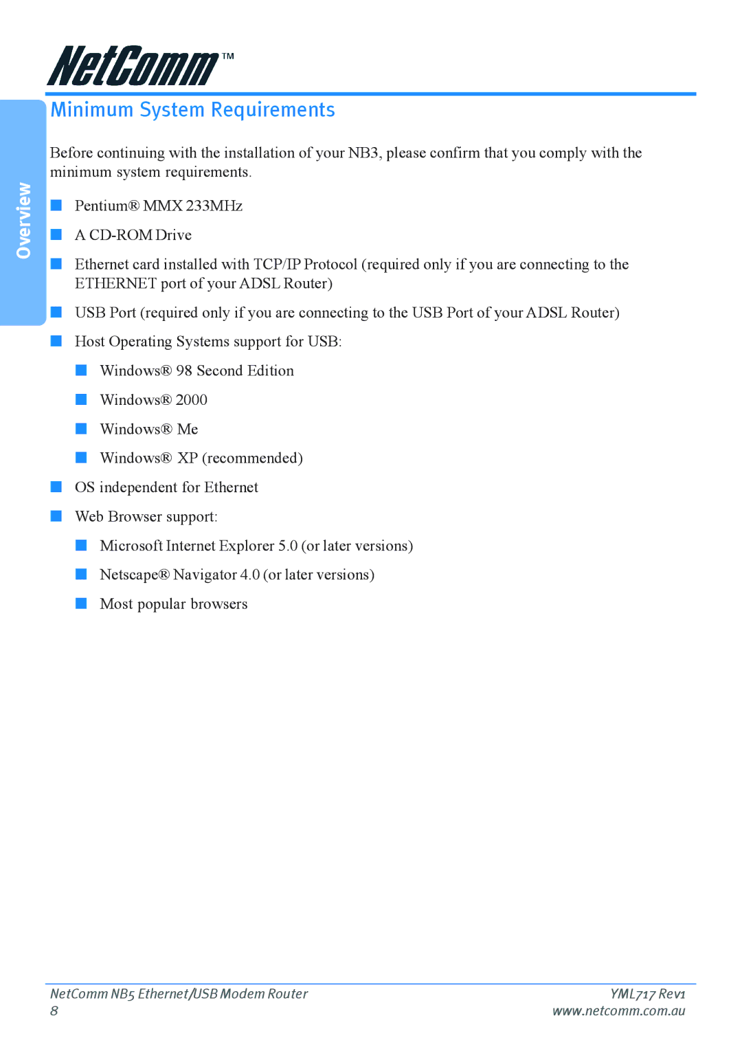 Netcom NB5 manual Minimum System Requirements 