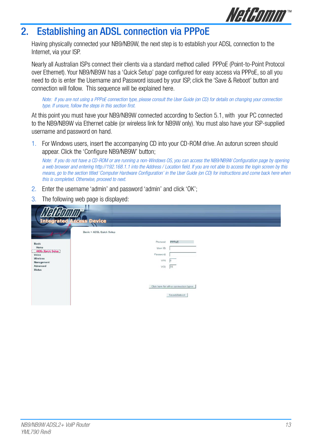 Netcom NB9W manual Establishing an Adsl connection via PPPoE 