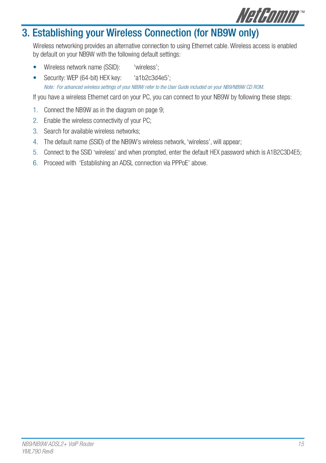 Netcom manual Establishing your Wireless Connection for NB9W only, Security WEP 64-bit HEX key 