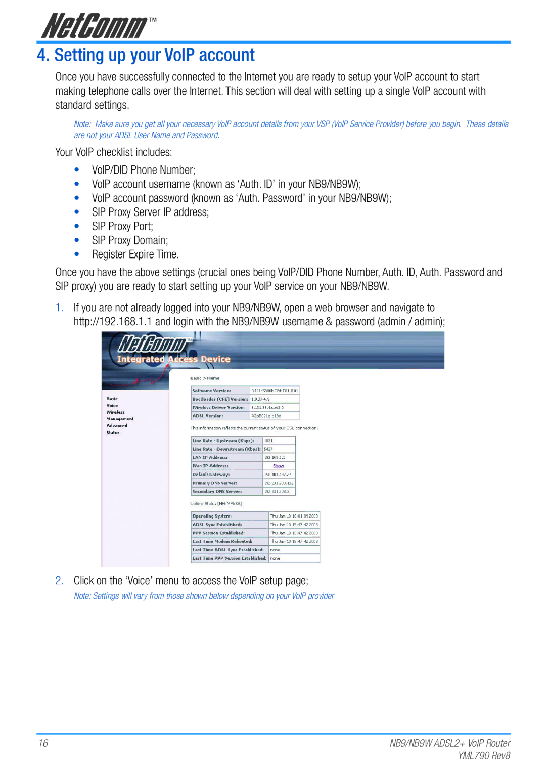 Netcom NB9W manual Setting up your VoIP account 