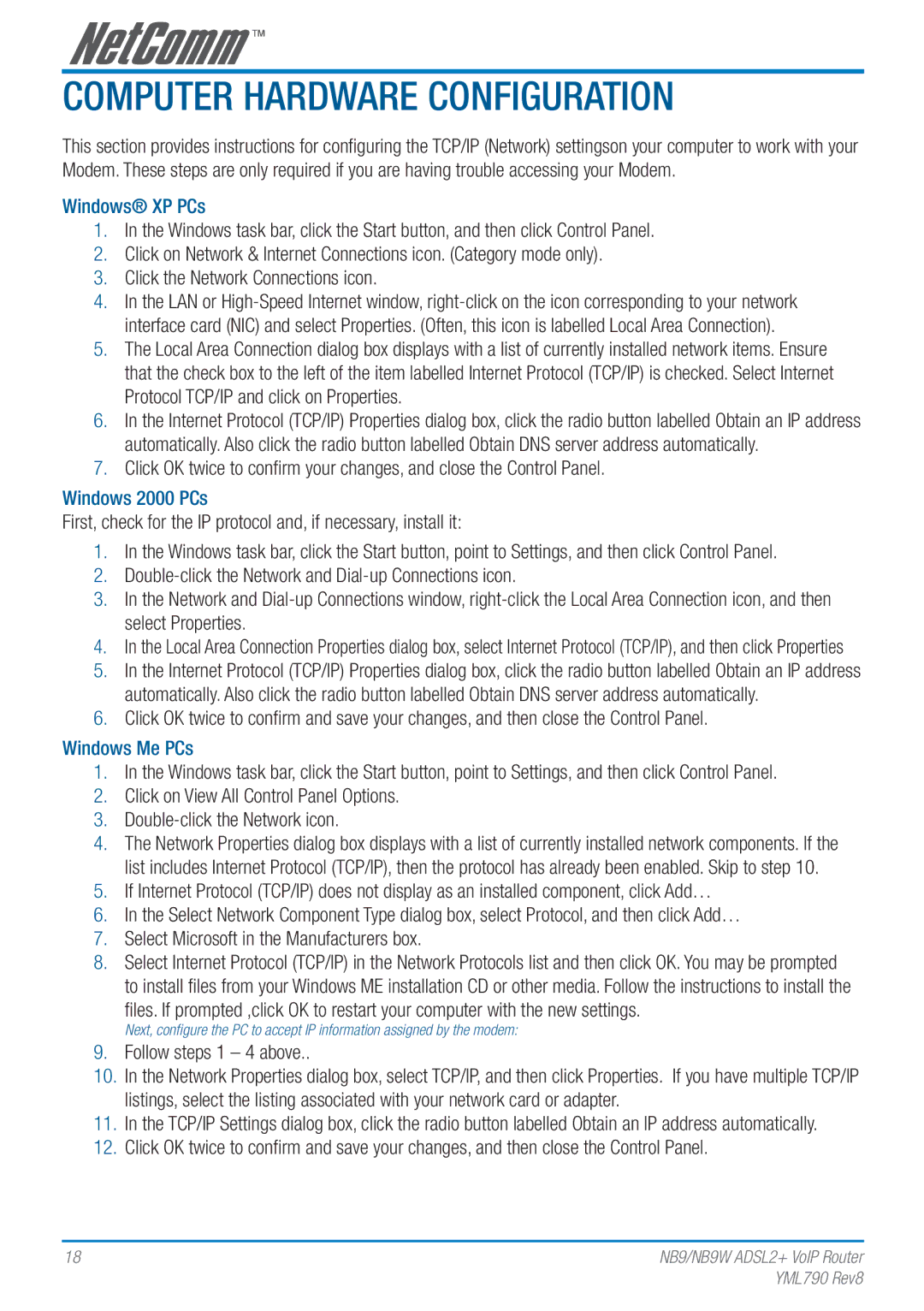 Netcom NB9W manual Computer Hardware Configuration, Windows XP PCs, Windows 2000 PCs, Windows Me PCs 