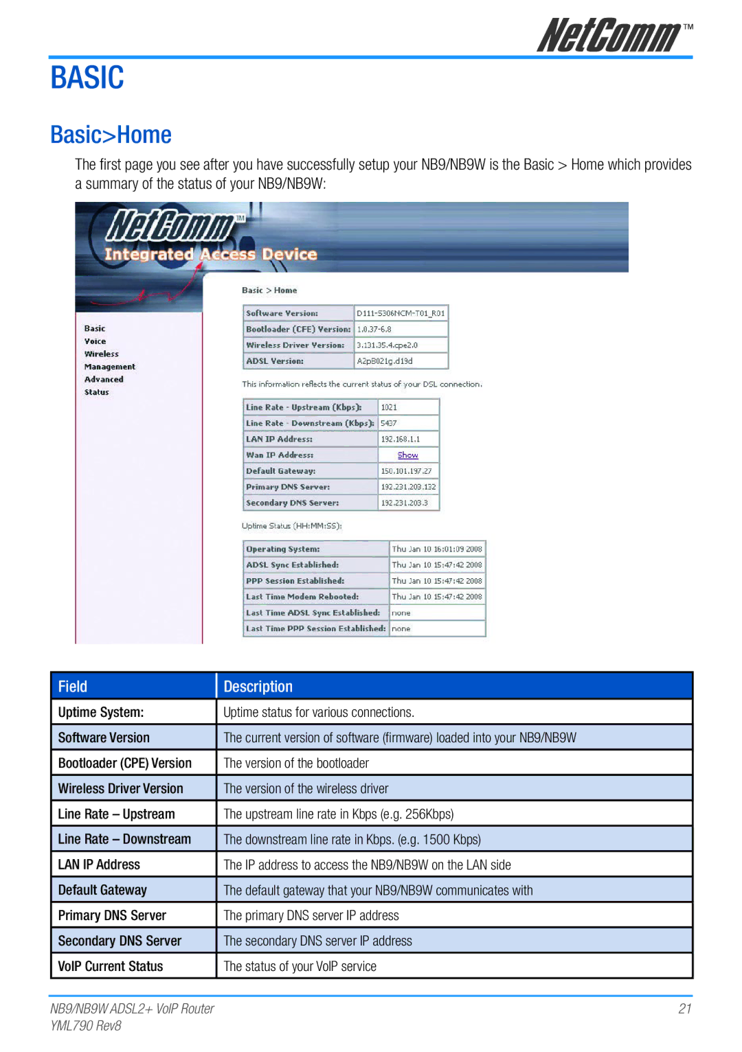 Netcom NB9W manual BasicHome, Field Description, Version of the bootloader 