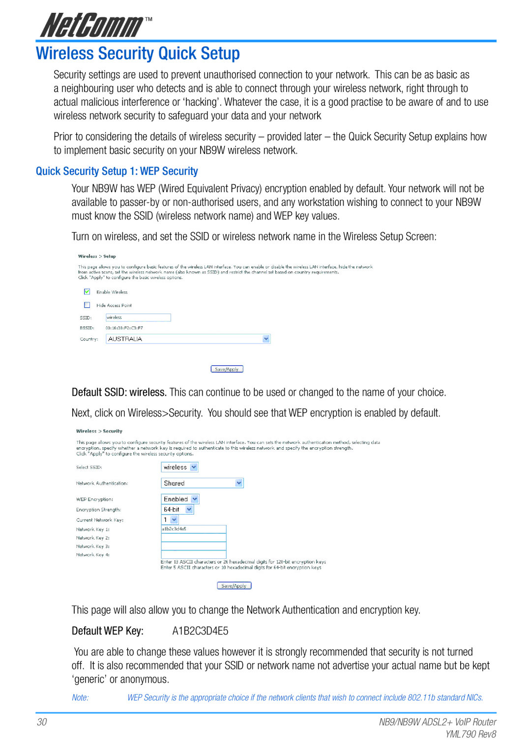 Netcom NB9W manual Wireless Security Quick Setup, Quick Security Setup 1 WEP Security 